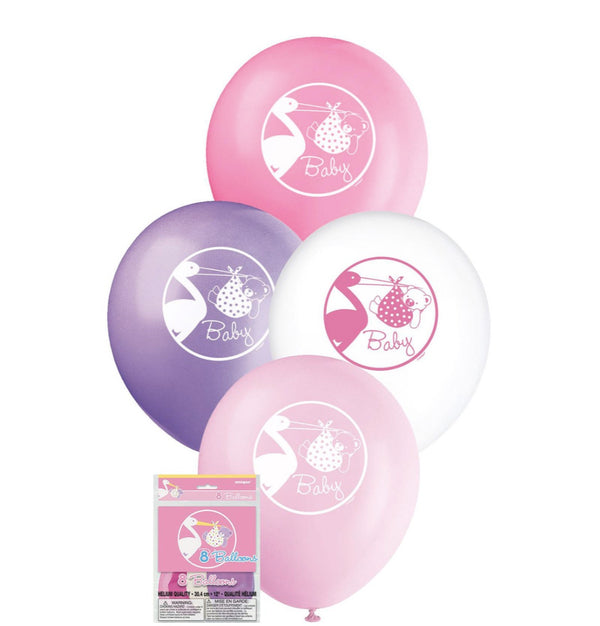 BABY GIRL STORK 8 X 30CM (12") PRINTED LATEX BALLOONS